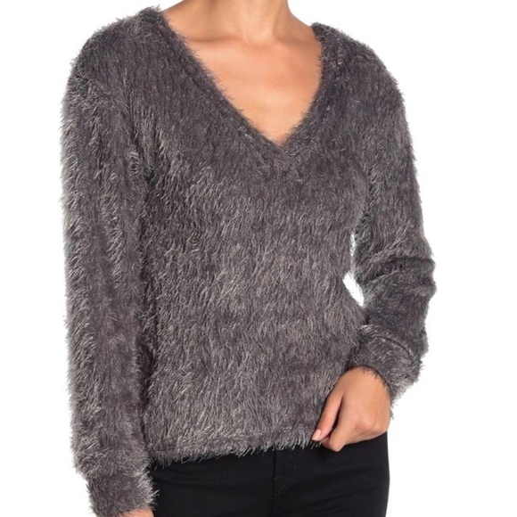 Lush Shaggy Sweater Gray Twist Butterfly Back Deep V-Neck NWT - Picture 2 of 12